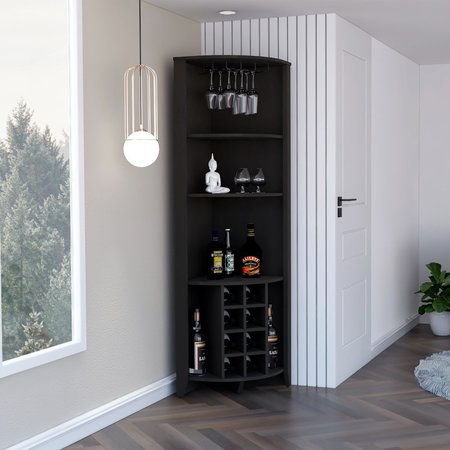 Tuhome Essential Corner Bar Cabinet, Three Shelves, Eight Built-in Wine Rack, Two Side Shelves, Black BLW7784